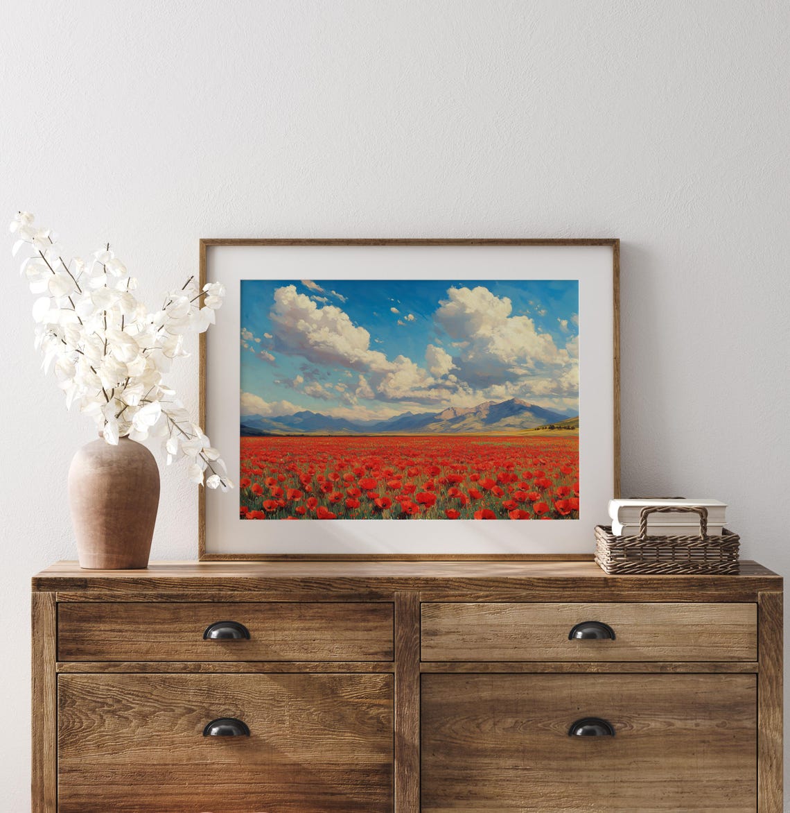 Endless Red Poppy Field Blue Mountains Big Sky Summer Poster - Image 3