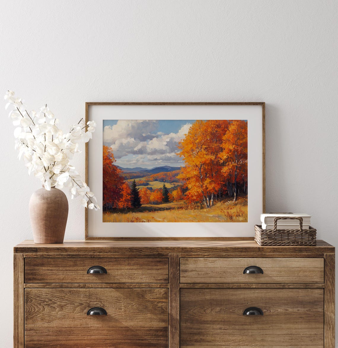 Golden Autumn Meadow With Birch Groves Against Mountain Peaks Poster - Image 3