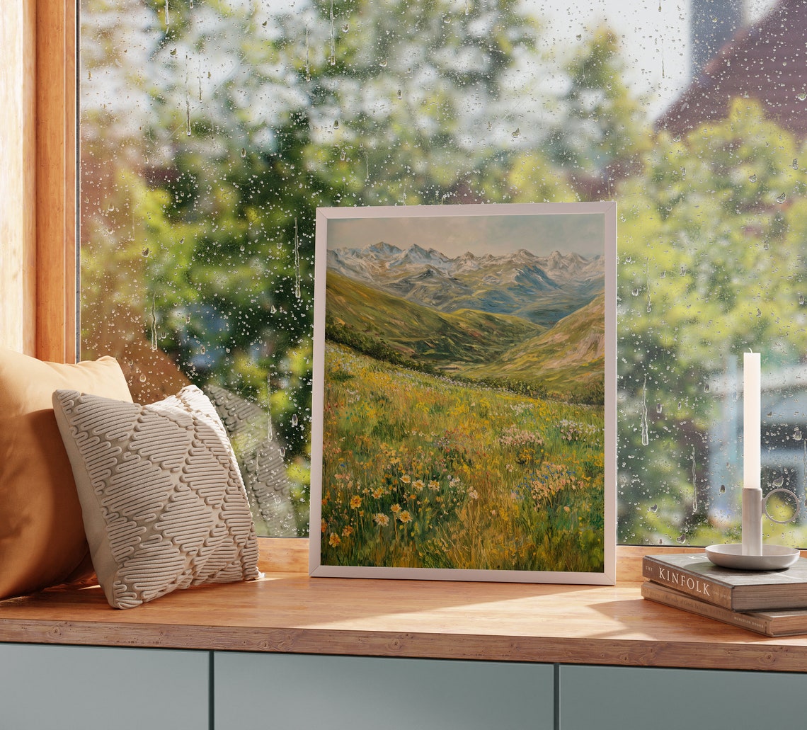 Spring Alpine Valley Wildflower Meadow Mountain Scene Poster - Image 2