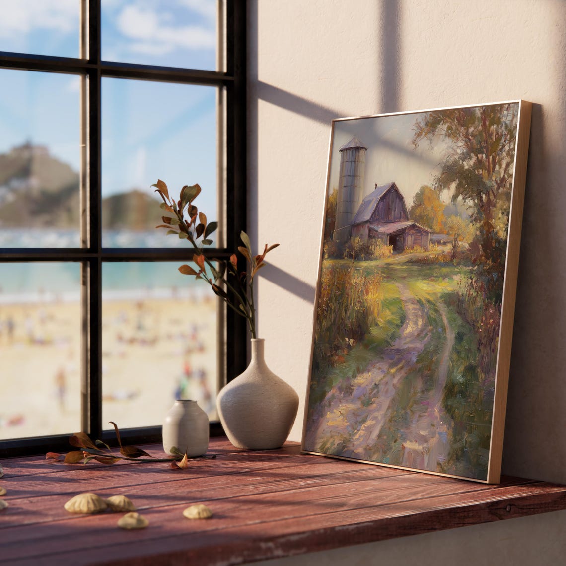 Old Red Barn With a Tall Silo Beside a Sunlit Country Road Poster - Image 5
