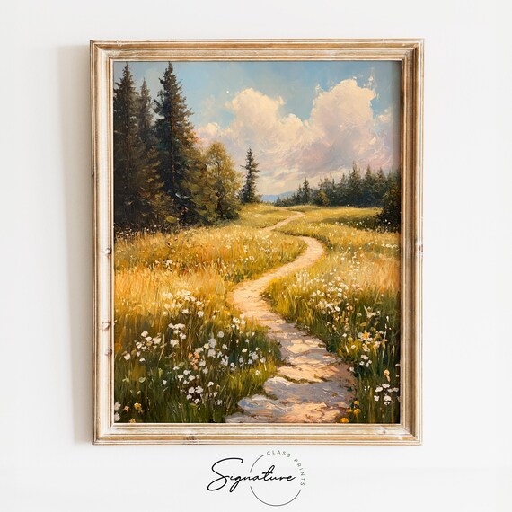 Old Farm Path With Wildflowers Hills Pine Forest Sunny Meadow Poster