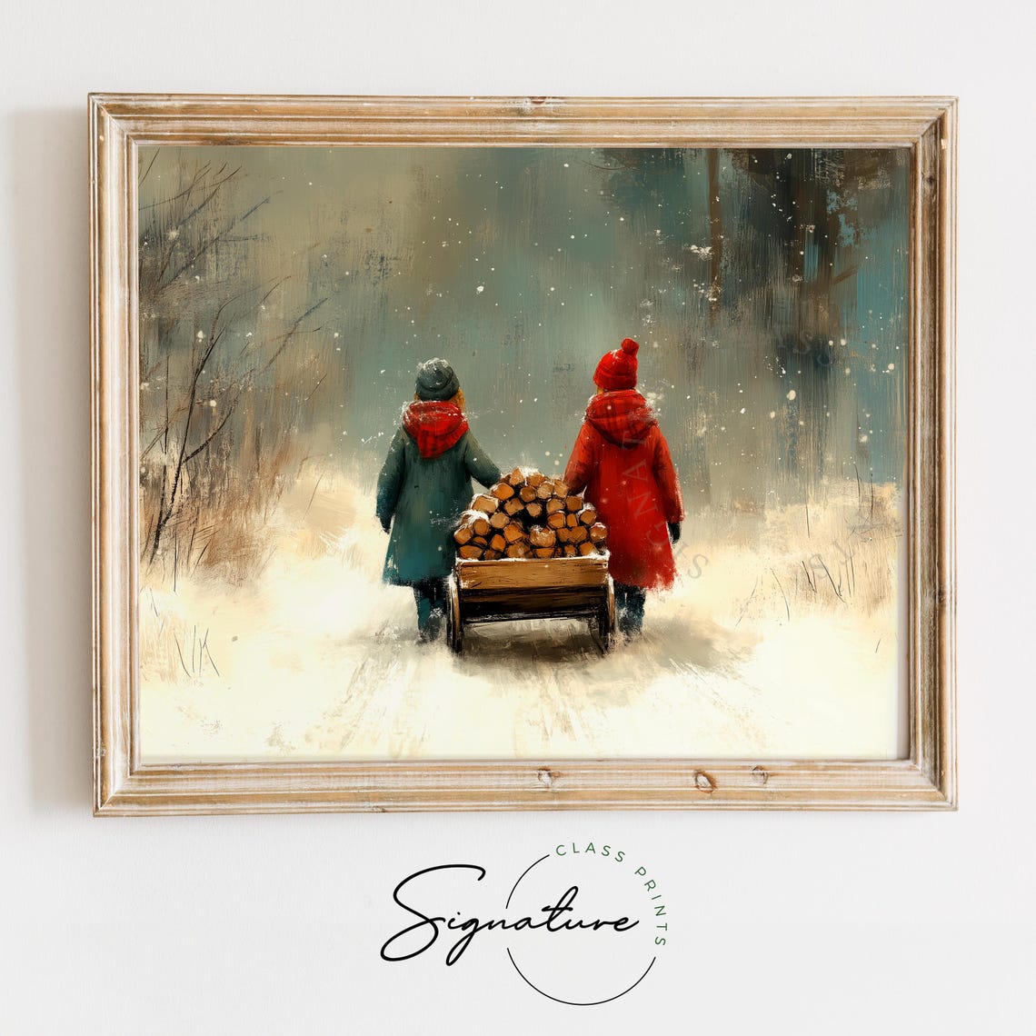 Children Pulling Firewood Cart Through Snowy Woods Scene Poster