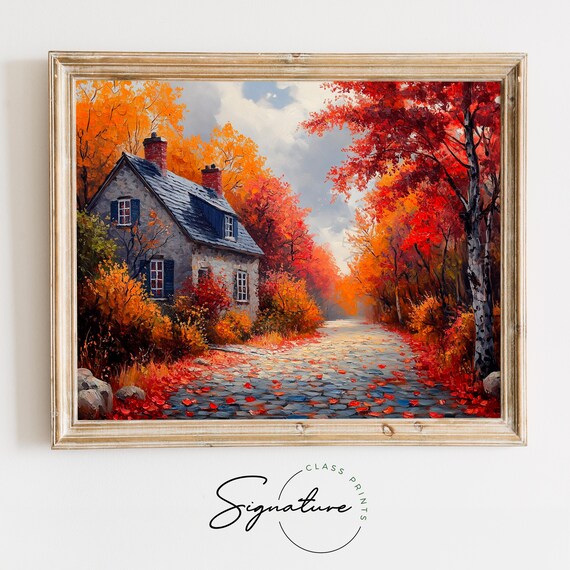 Autumn Stone Cottage Cobblestone Lane Red Maple Trees Fall Wall Art