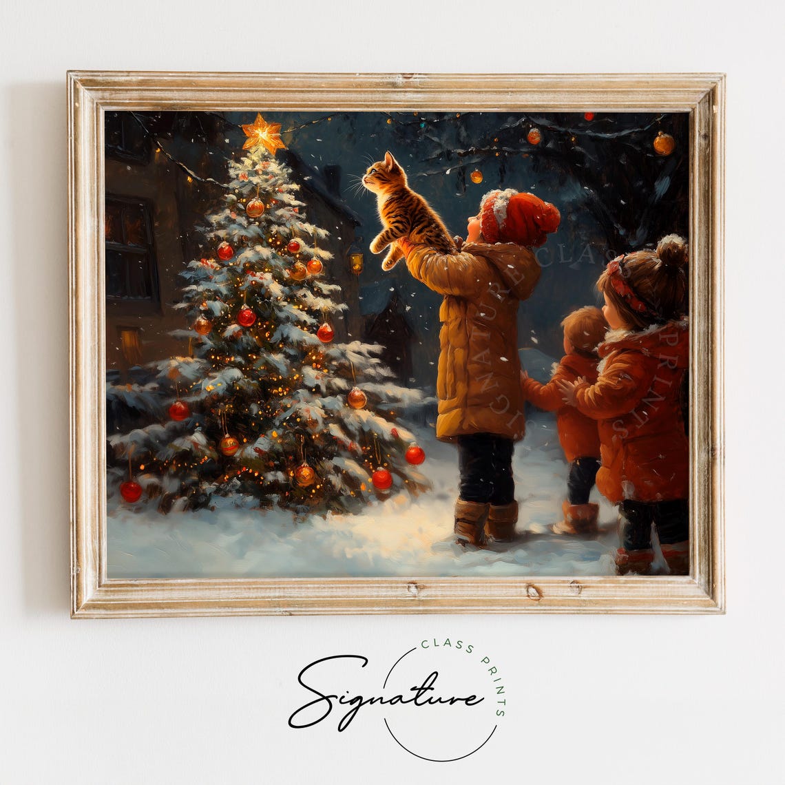 Child Holding A Kitten Up To A Snowy Christmas Tree At Night Poster