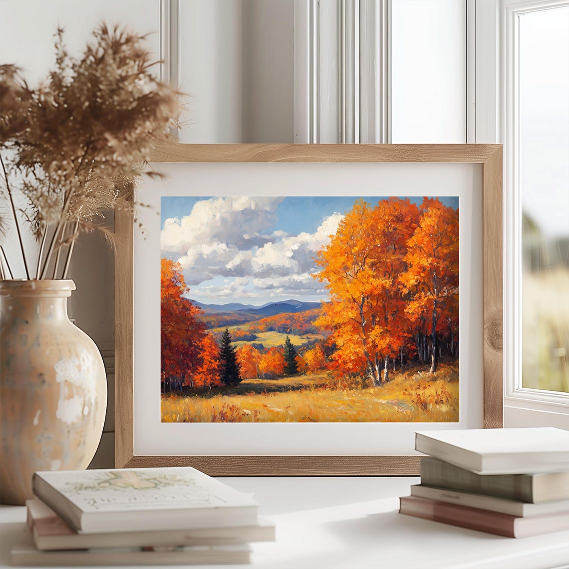 Golden Autumn Meadow With Birch Groves Against Mountain Peaks Poster - Image 2