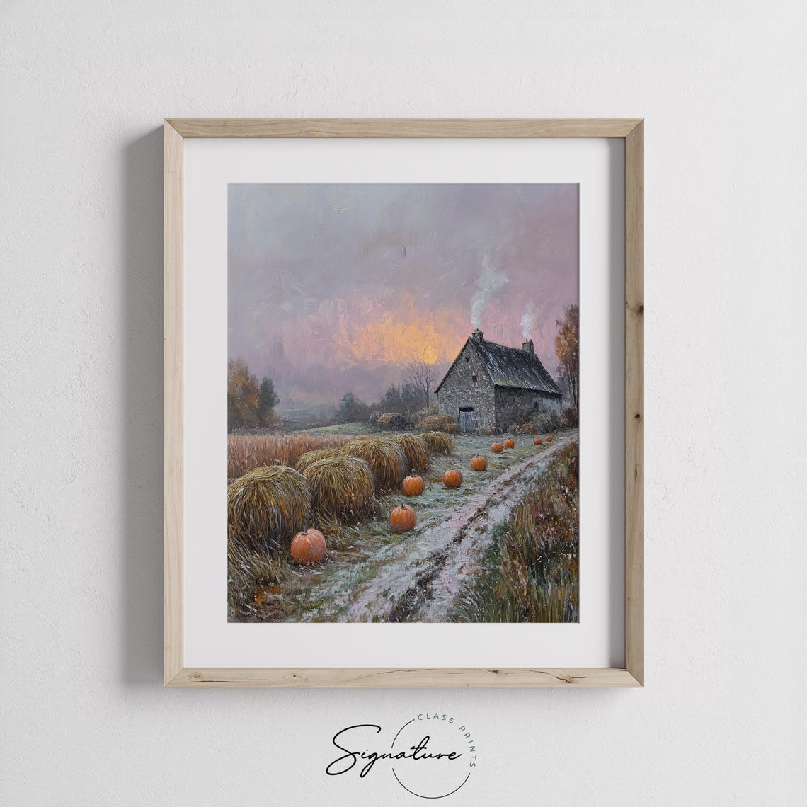 Stone Barn at Dawn With Hay Bales Pumpkins and a Smoky Chimney Poster - Image 3