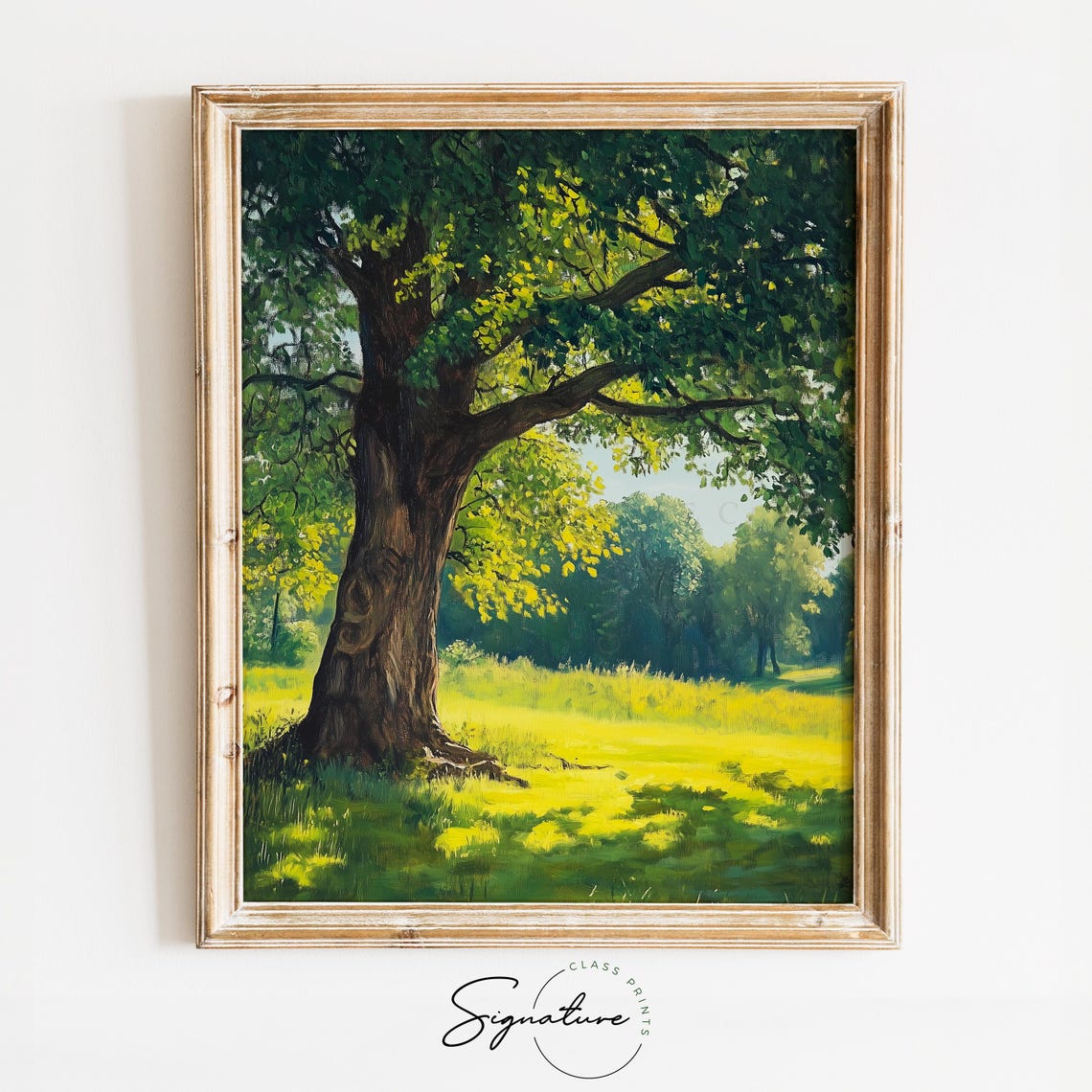 Majestic Oak Tree In Sunny Green Meadow Pastoral Painting Poster
