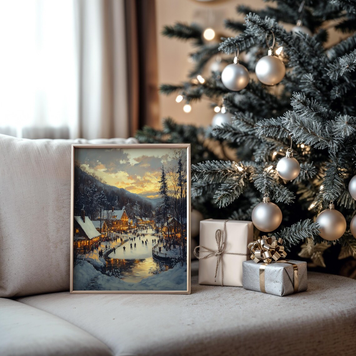 Snowy Village Pond with Skaters at Sunset near Cottages Poster - Image 5