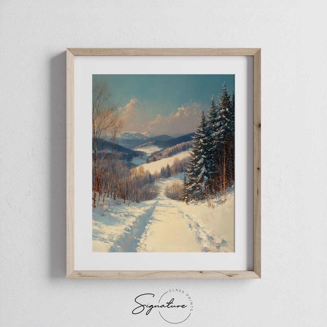 Snowy Evergreen Valley under Teal Sky with Winding Trail Poster - Image 2