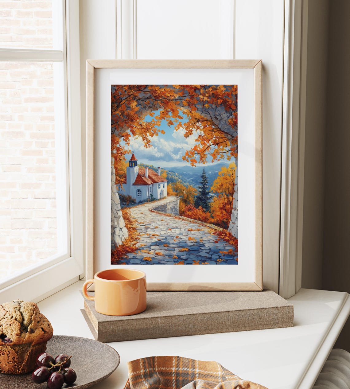 European Old White Chapel Cobblestone Autumn Mountain Vista Print - Image 6