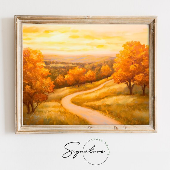 Winding Country Road Painting Golden Autumn Trees Sunset Landscape Poster