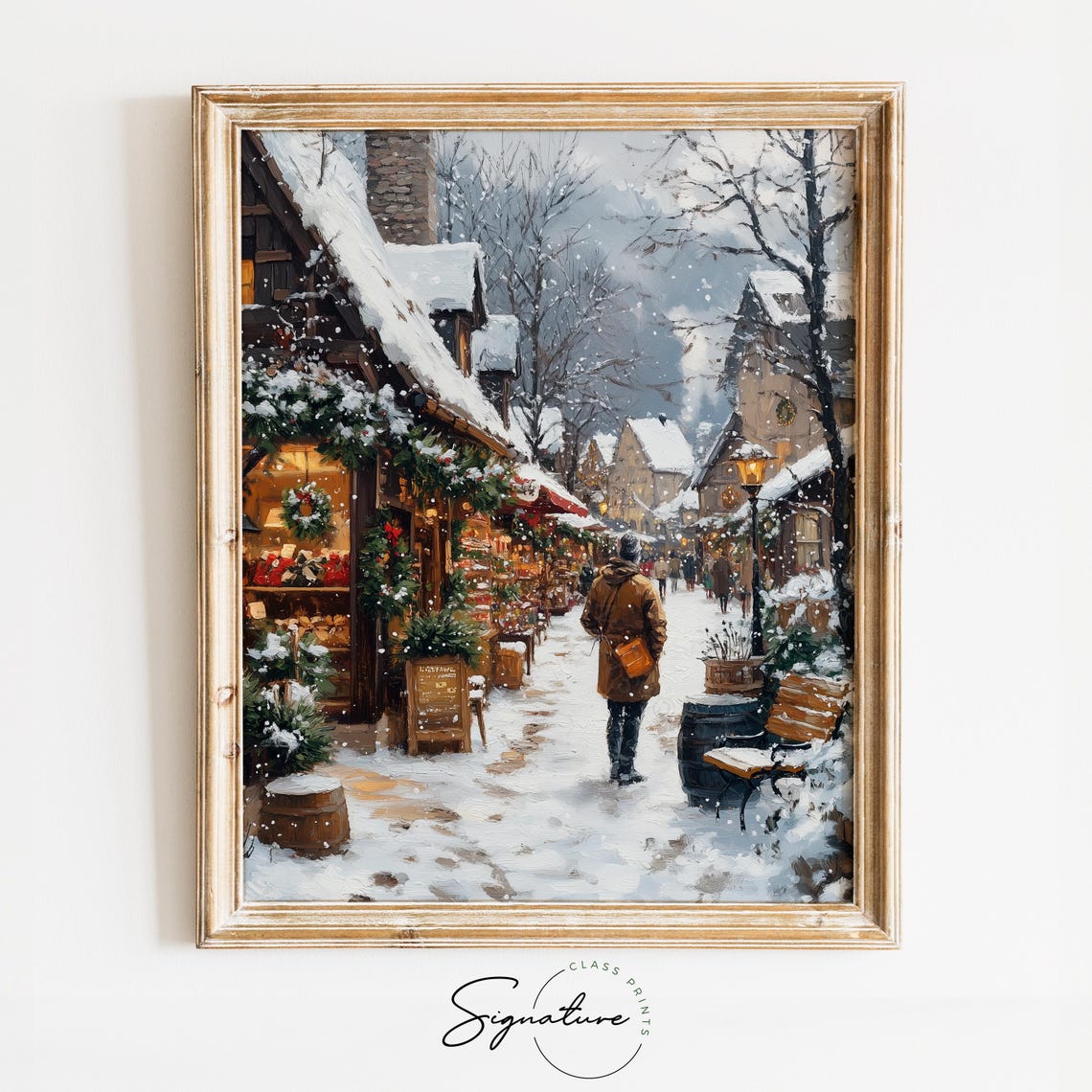 Snowy Christmas Shopping Street with Decorated Stores Holiday Poster