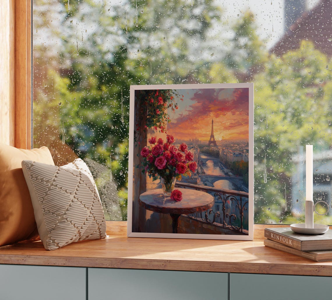 Paris Balcony Roses Eiffel Tower Sunset Seine View Romantic Art Poster - Image 5