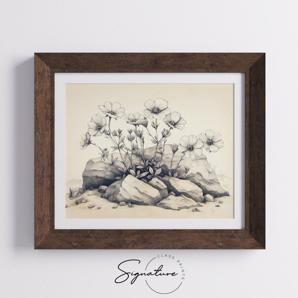 Wildflowers Among Rocks Grayscale Vintage Engraving Style Poster - Image 5
