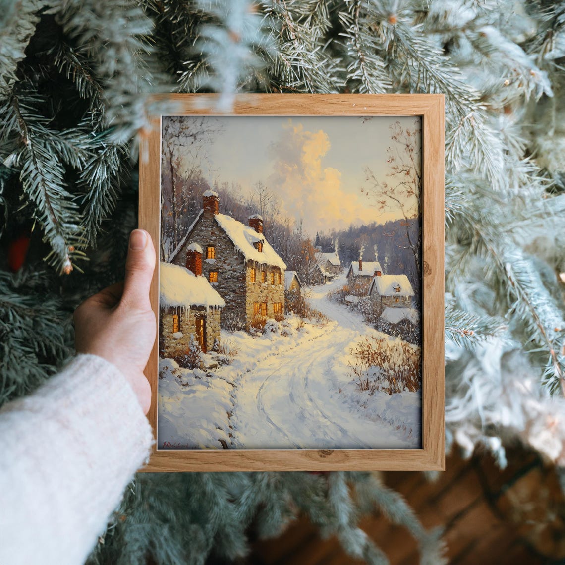 Snowy Village Lane With Glowing Cottages And Winding Path Poster - Image 6
