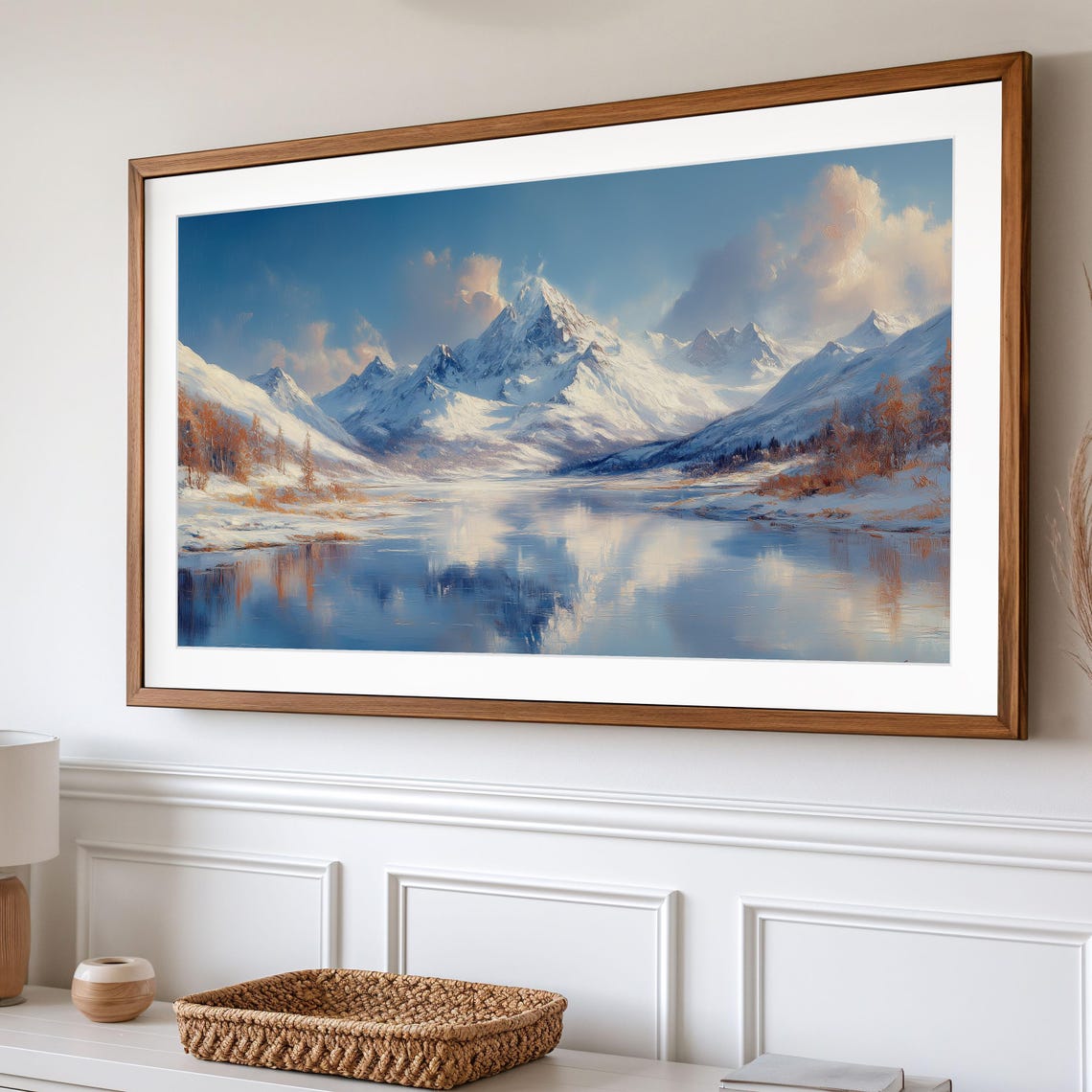 Snow Capped Alpine Mountain Peaks Reflected in Still Lake Poster - Image 2