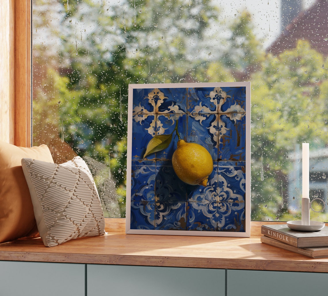 Lemon On Blue Mediterranean Tiles Citrus Still Life Art Poster - Image 2