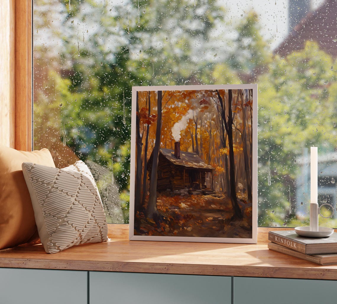 Smoky Chimney Log Cabin Autumn Forest Woodland Retreat Poster - Image 2