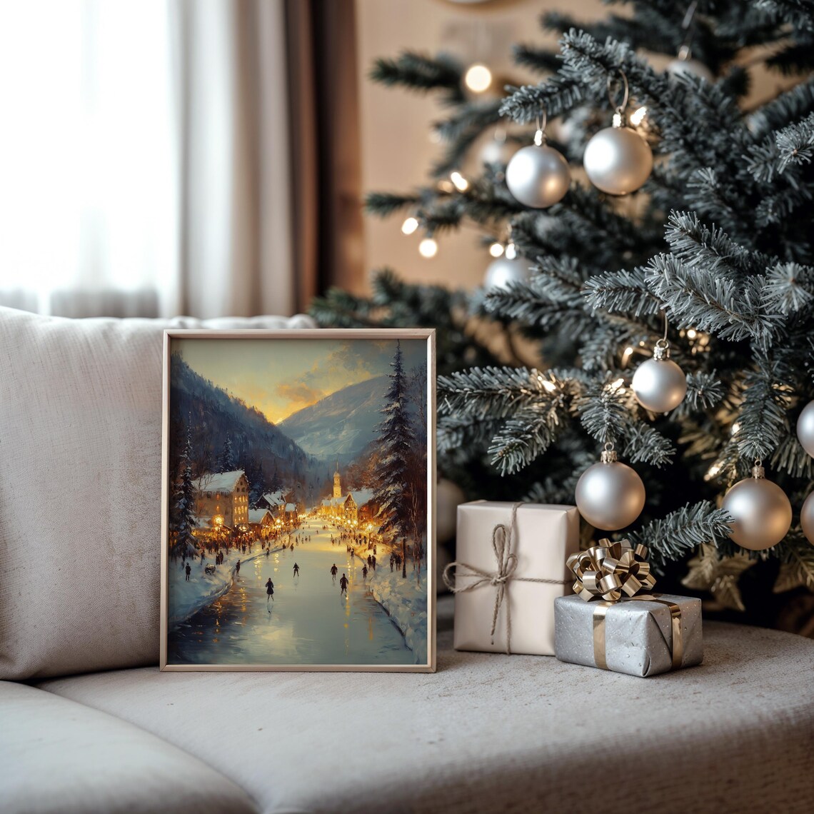 Sunset Ice Skaters on Frozen River in Alpine Village Glow Poster - Image 5