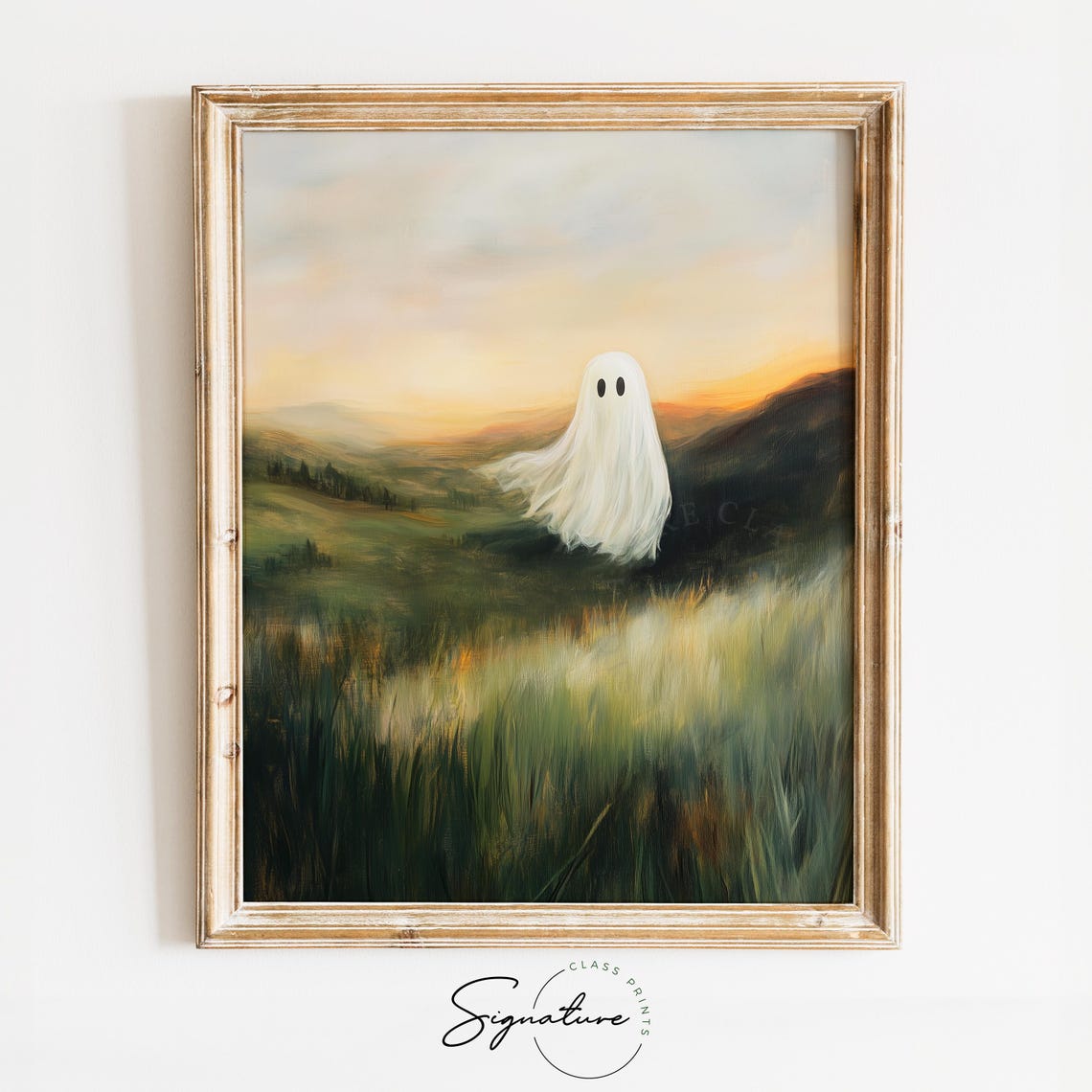 Ghost on a Windswept Hillside at Dusk Over Rolling Green Fields Poster