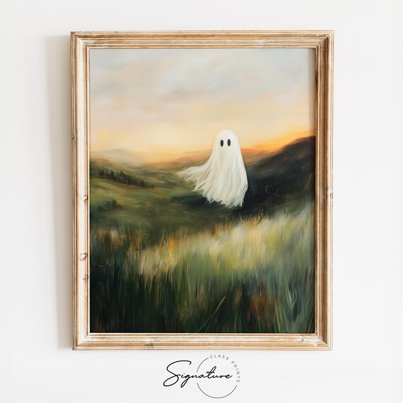 Ghost on a Windswept Hillside at Dusk Over Rolling Green Fields Poster