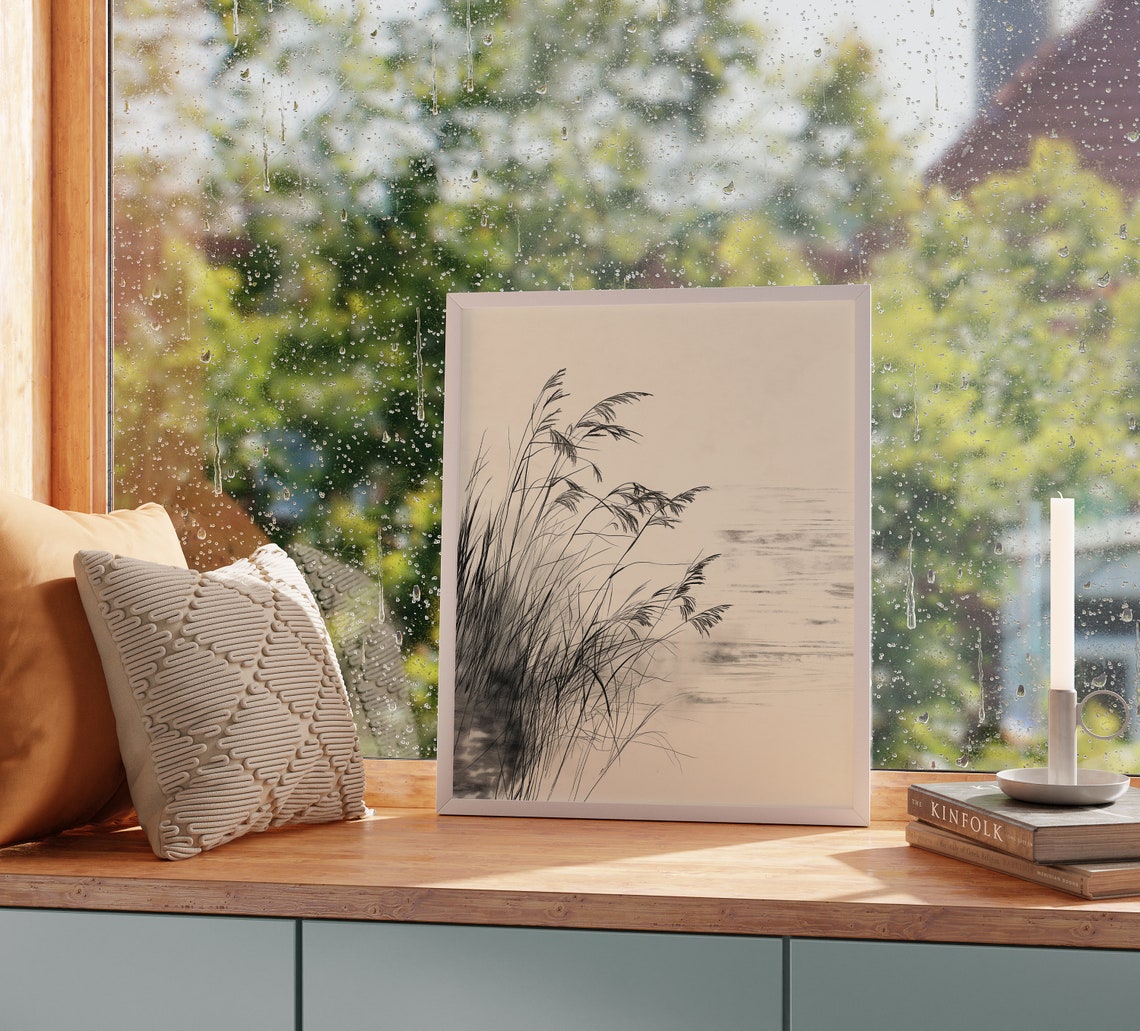 Tall Riverbank Grasses Swaying In Wind Monochrome Sketch Poster - Image 2