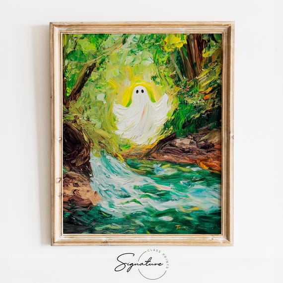 Ghost In Forest Stream Moody Green Nature Scene Earthy Cottagecore Art Rustic Autumn Landscape Wall Print 1564