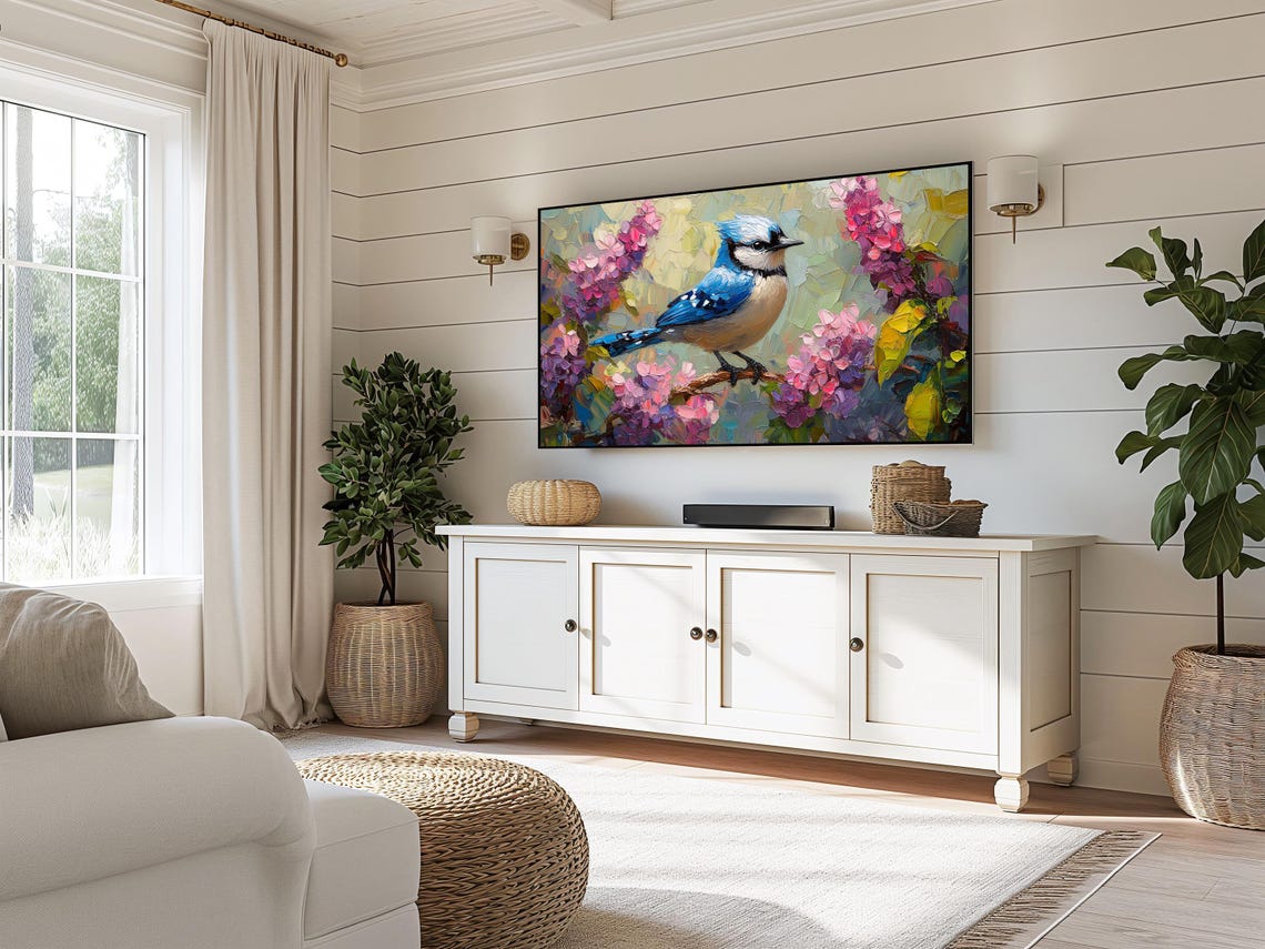 Blue Jay On Lilac Bloom Branch Impasto Colorful Bird Art Poster - Image 3