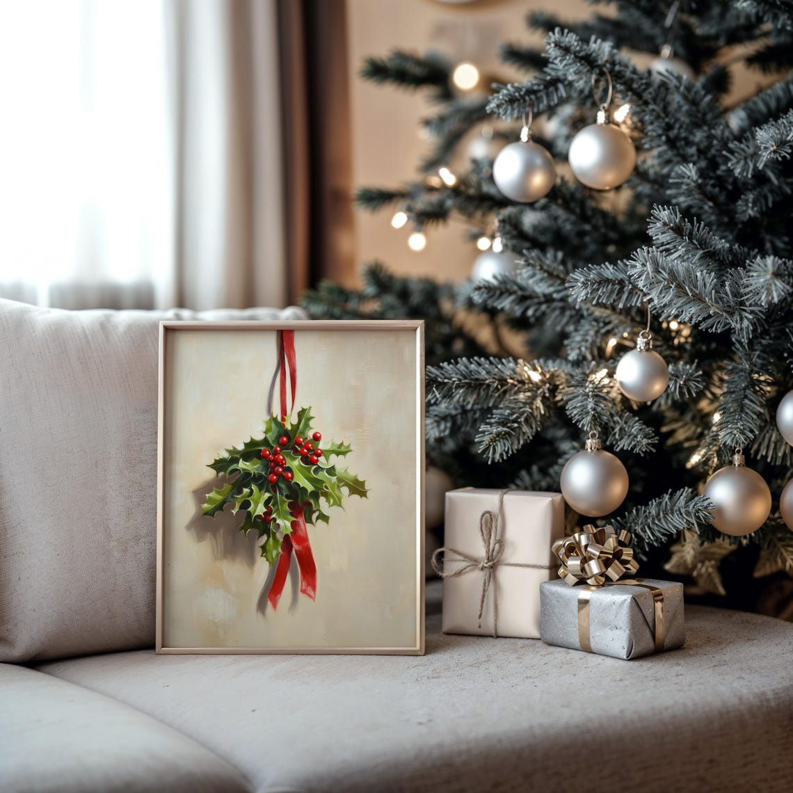 Hanging Holly Bouquet with Red Ribbon Christmas Botanical Poster - Image 5
