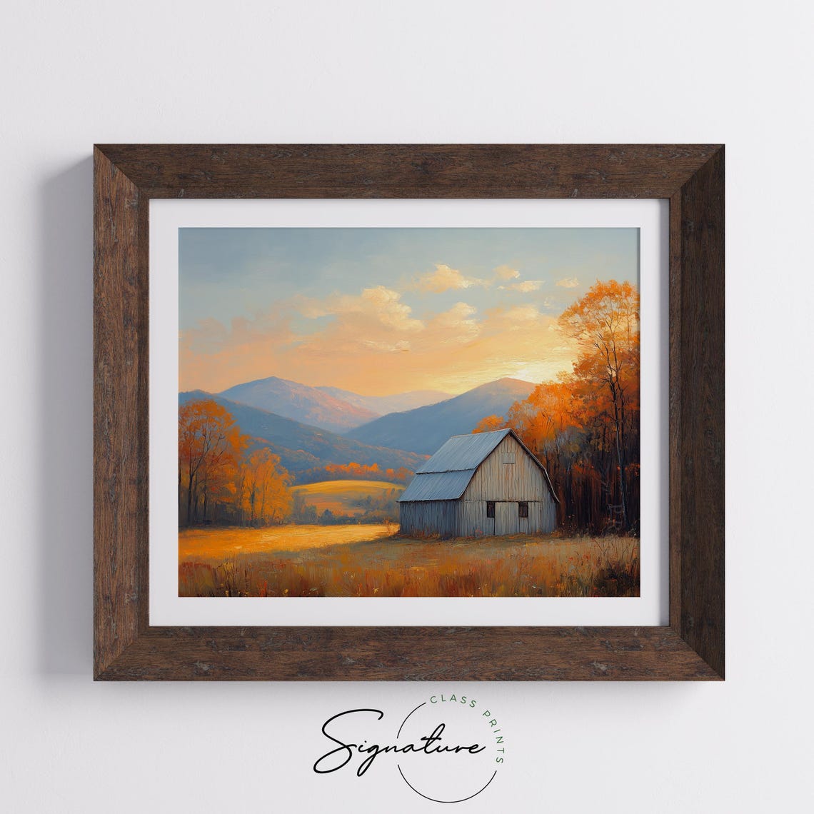 Gray Barn Golden Meadow Sunset Mountains Oil Painting Poster - Image 5