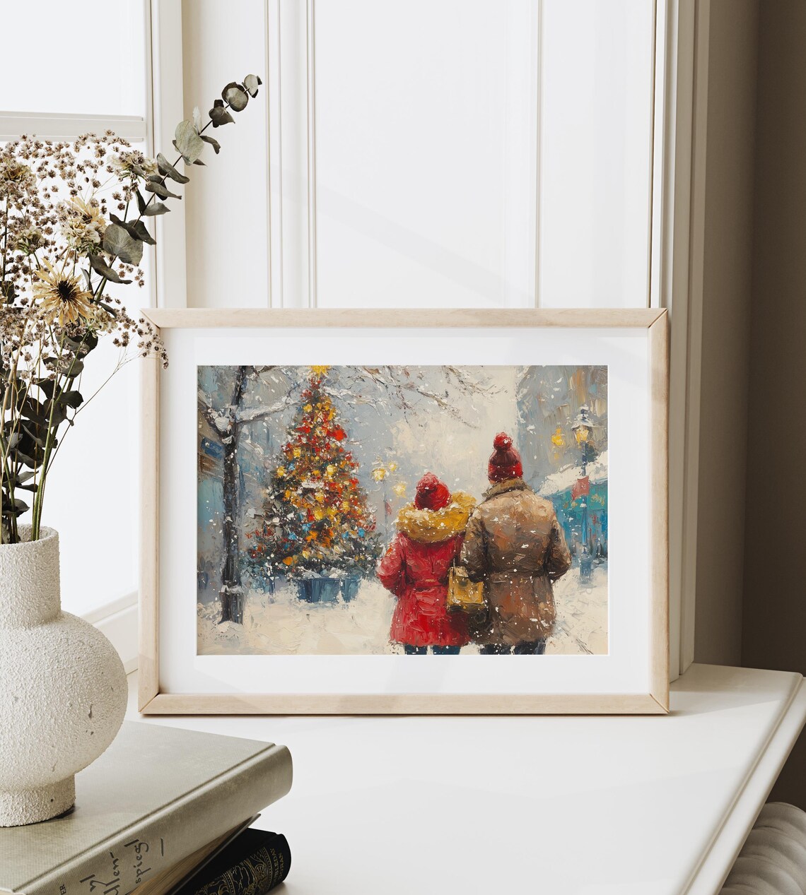 Couple Walking to Christmas Tree on Snowy City Street Poster - Image 6