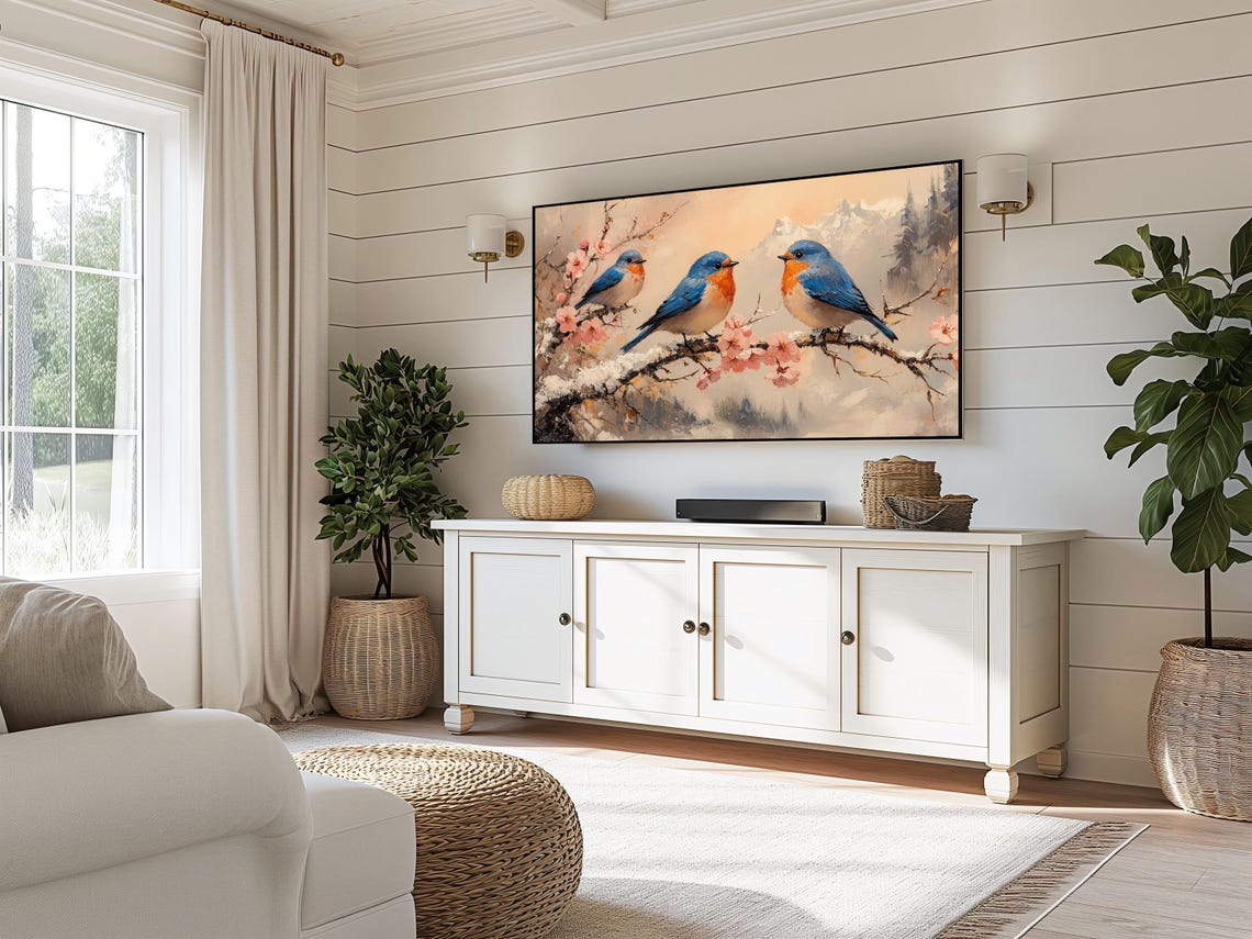 Three Bluebirds On Snowy Cherry Branch Misty Mountain Poster - Image 3