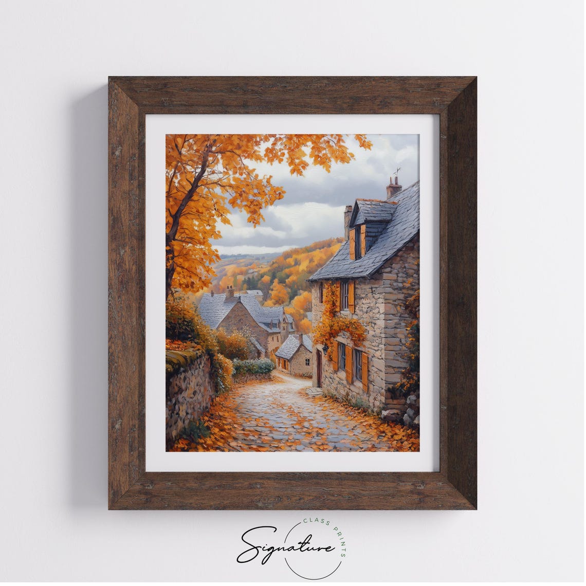 Autumn Village Street Stone Cottages Slate Roofs Orange Leaves Poster - Image 4