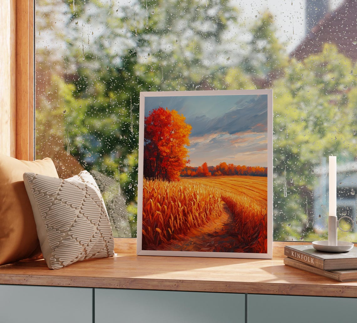 Sunset Over Golden Cornfield With Blazing Red Autumn Tree Wall Art - Image 2