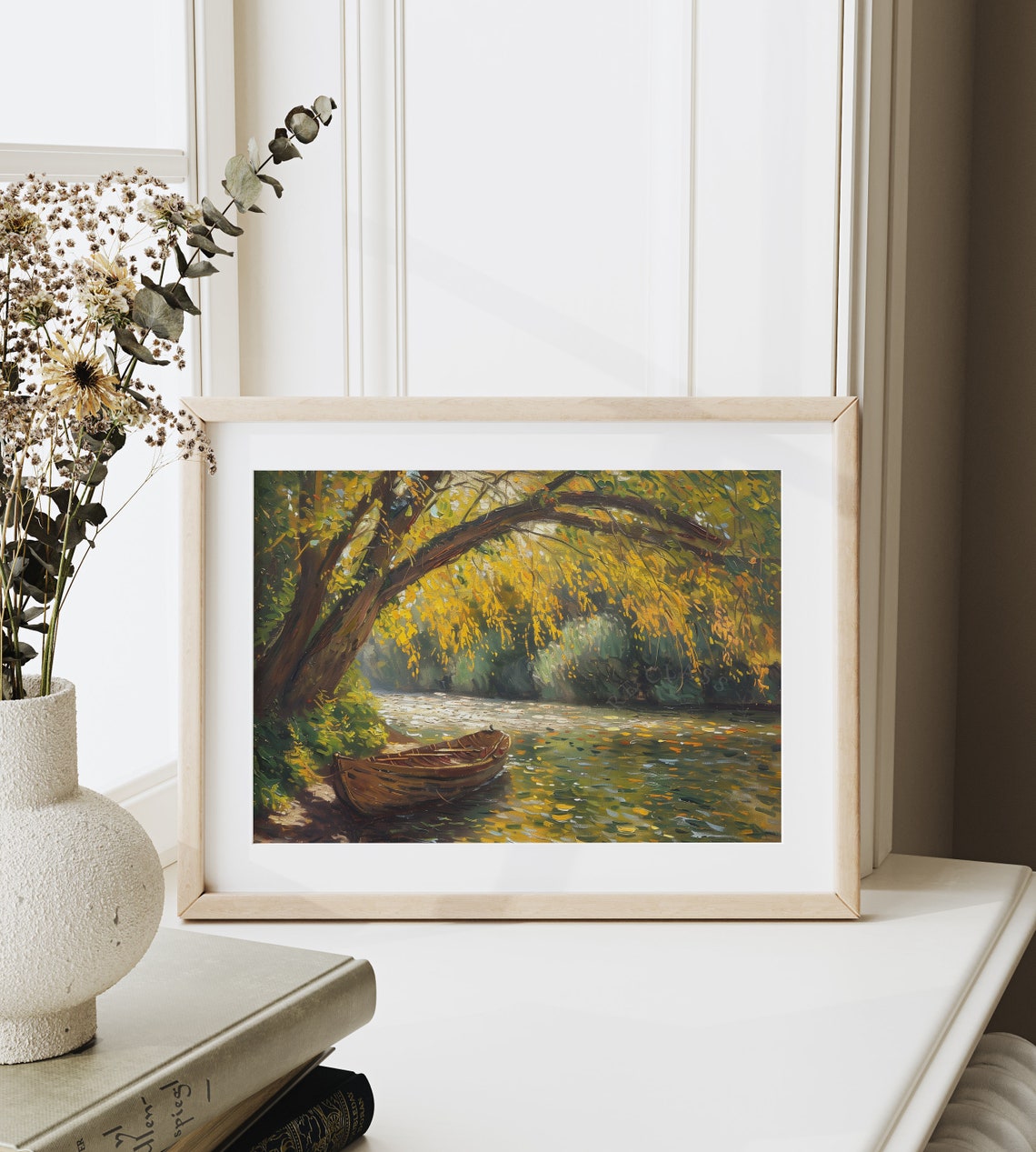 Golden Elm Arching Over Sleepy Canal Moored Wooden Rowboat Poster - Image 6