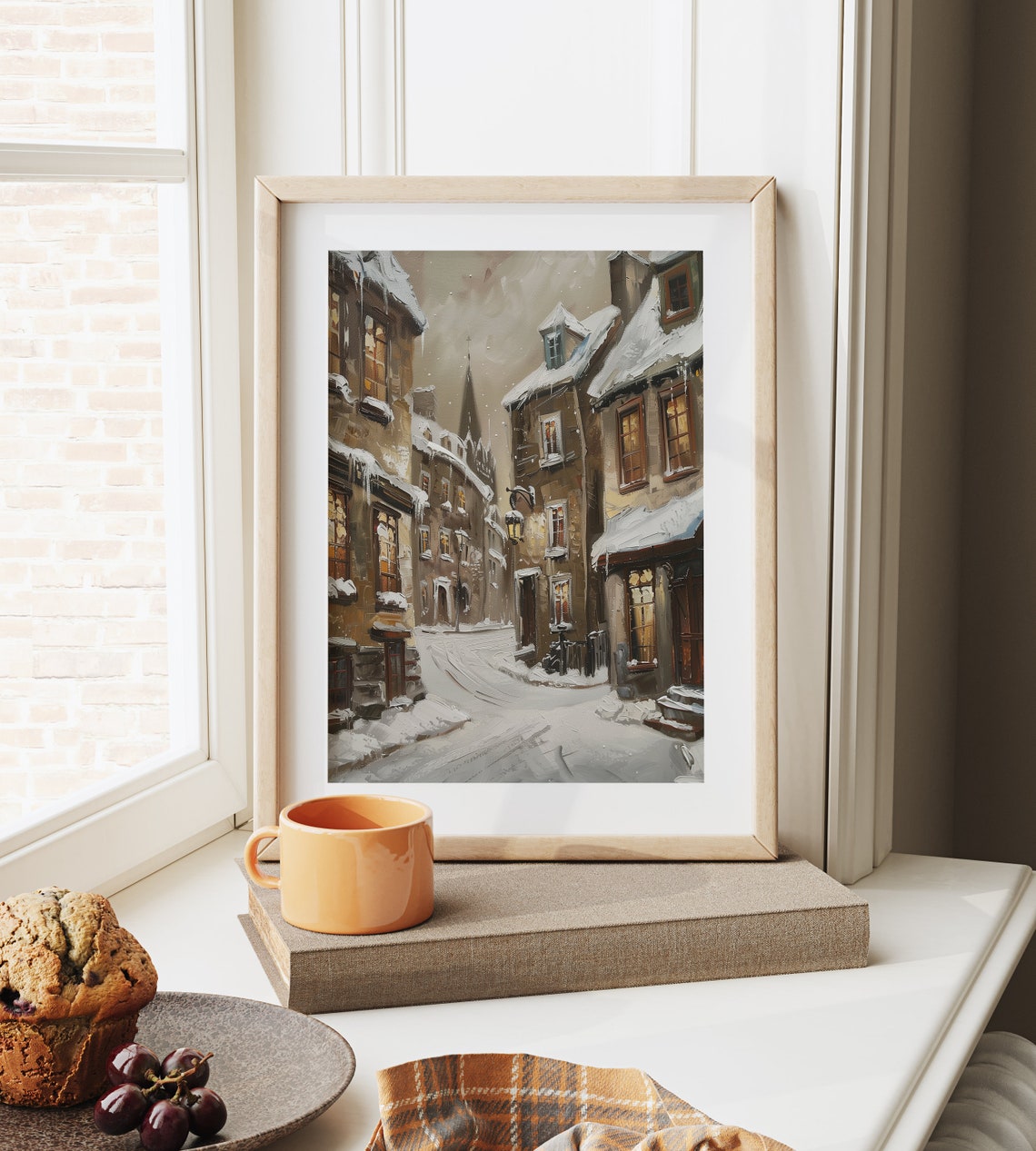 Snowy Old Town Street at Dusk with Warm Glowing Windows Poster - Image 6