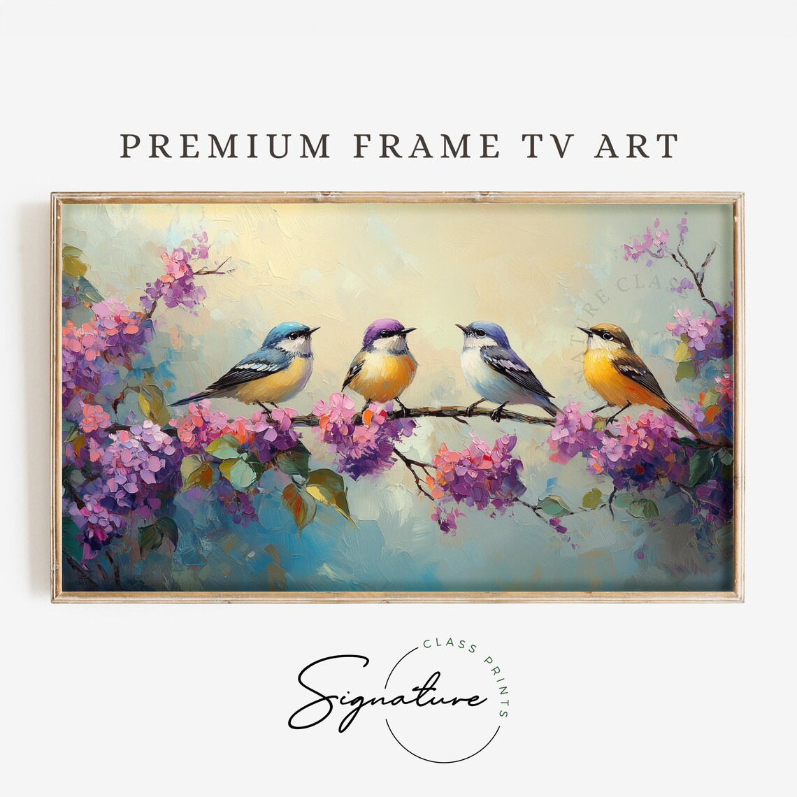 Colorful Warbler Birds Blooming Branch Spring Songbirds Purple Flowers Poster