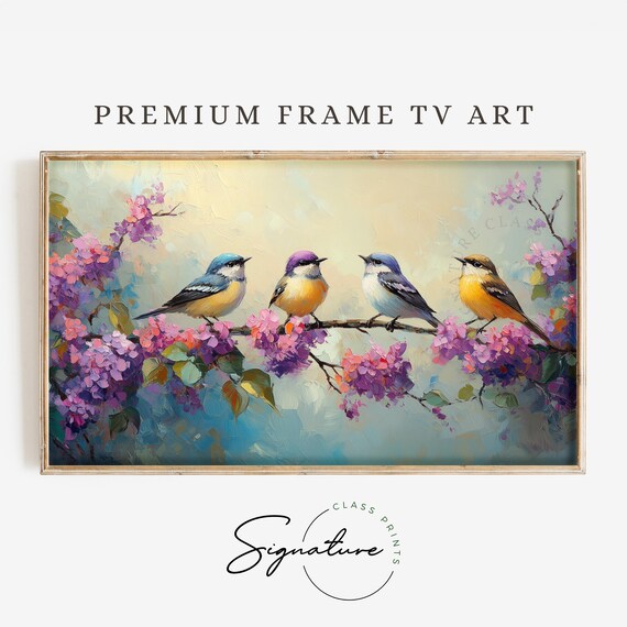 Colorful Warbler Birds Blooming Branch Spring Songbirds Purple Flowers Poster