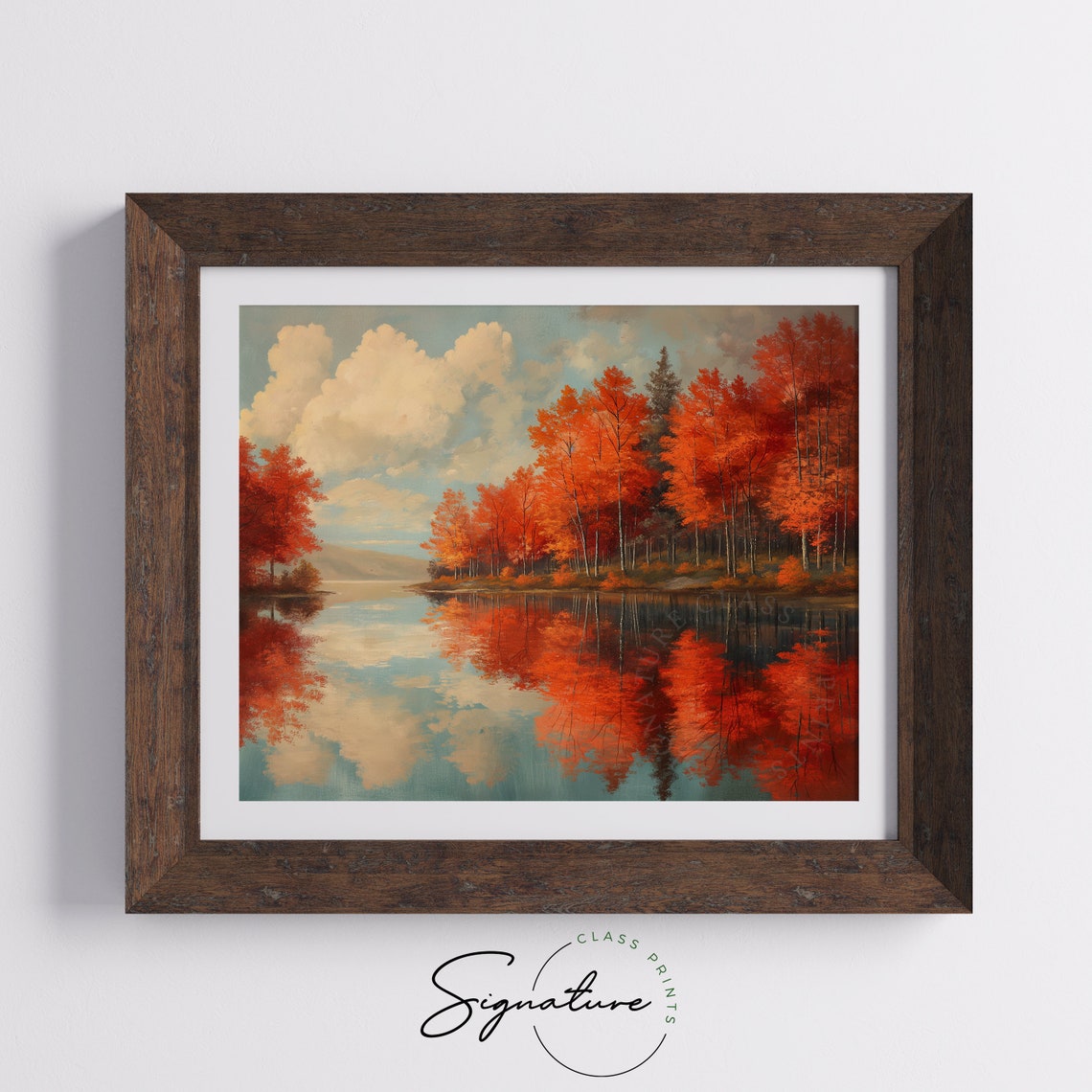 Vivid Orange Maple Trees Mirrored In Still Lake Clouds Poster - Image 5