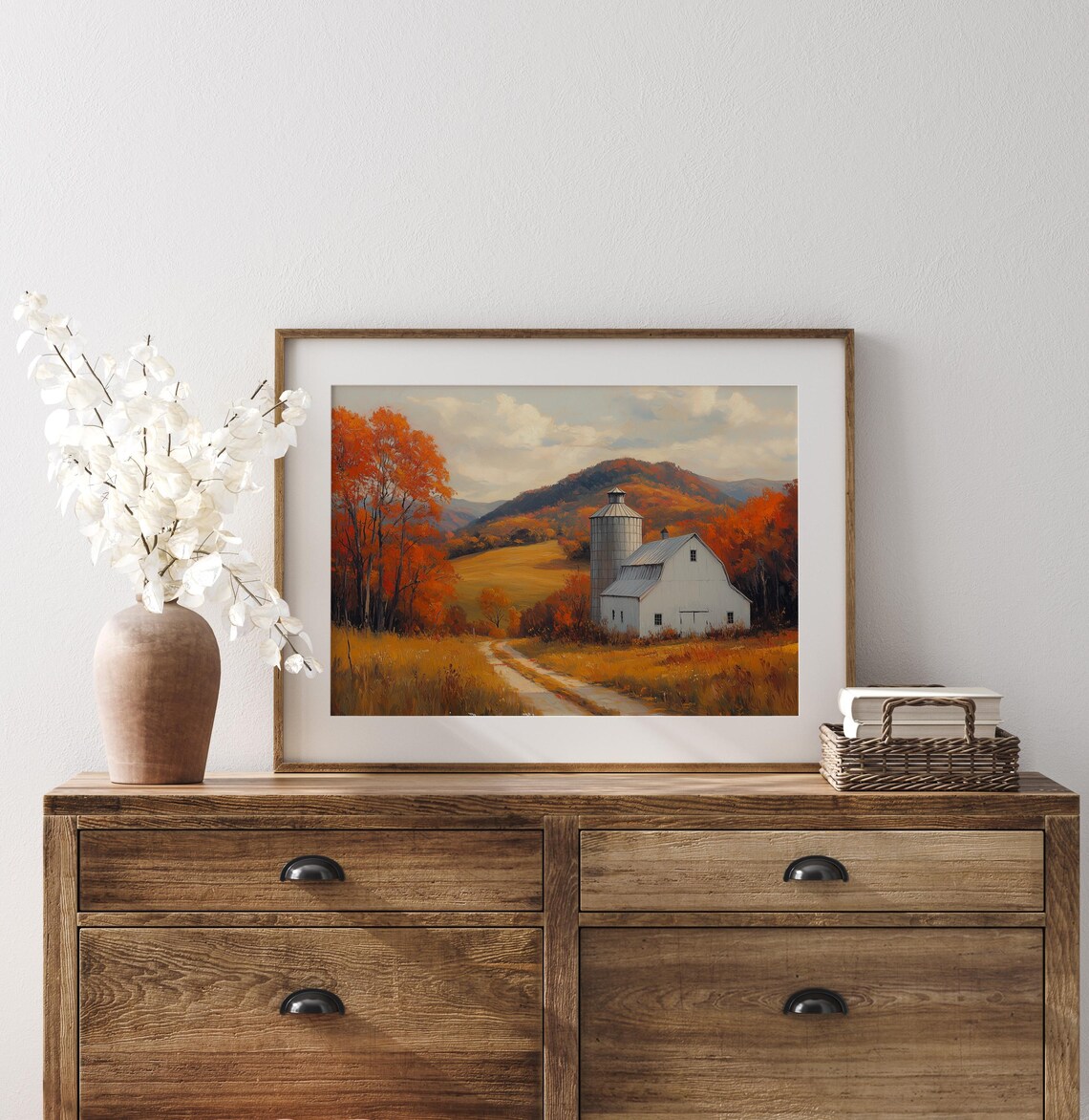 White Barn Silo Golden Field Rolling Hills Oil Painting Farm Poster - Image 3