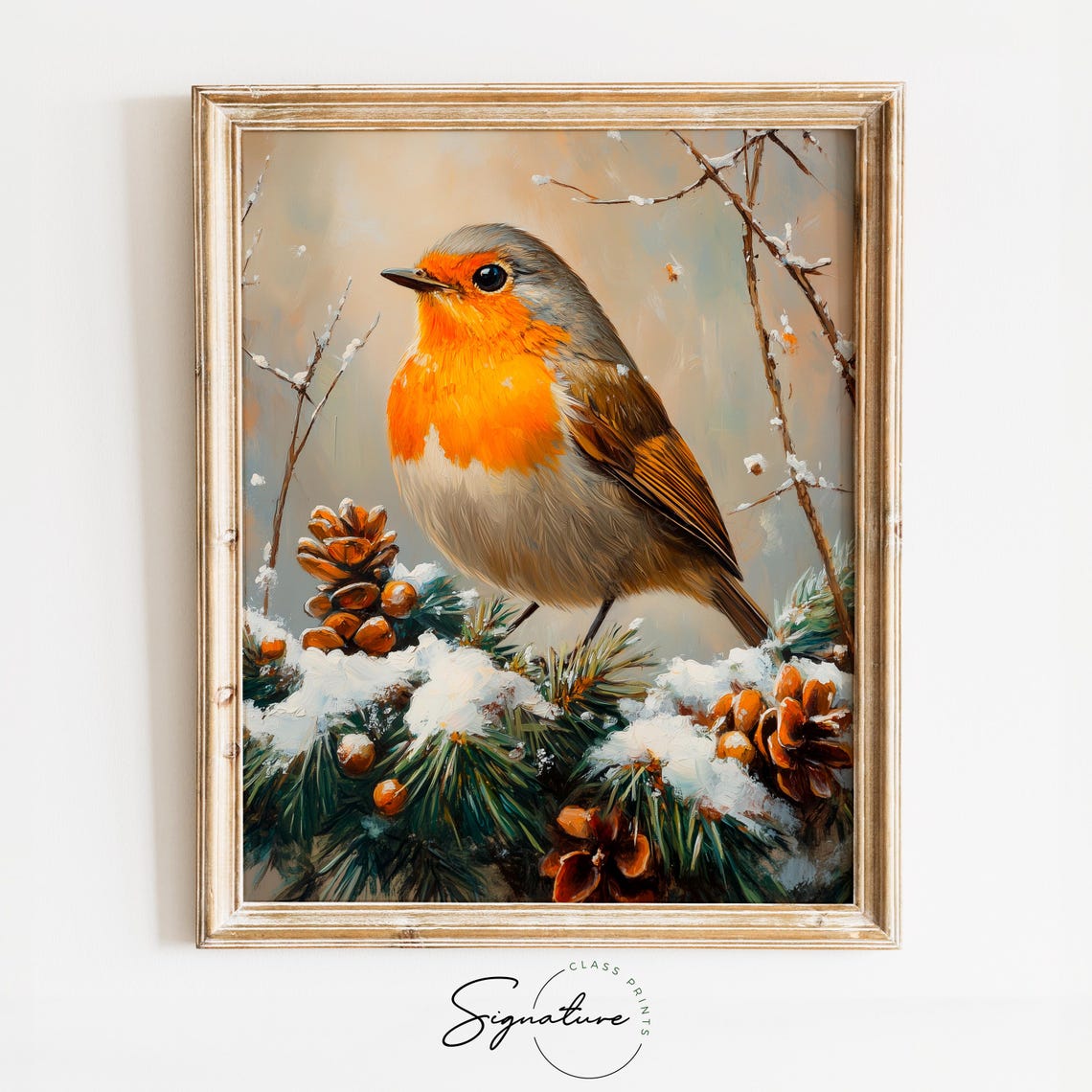 Robin on Snowy Pine Branch with Pinecones Winter Oil Painting Print
