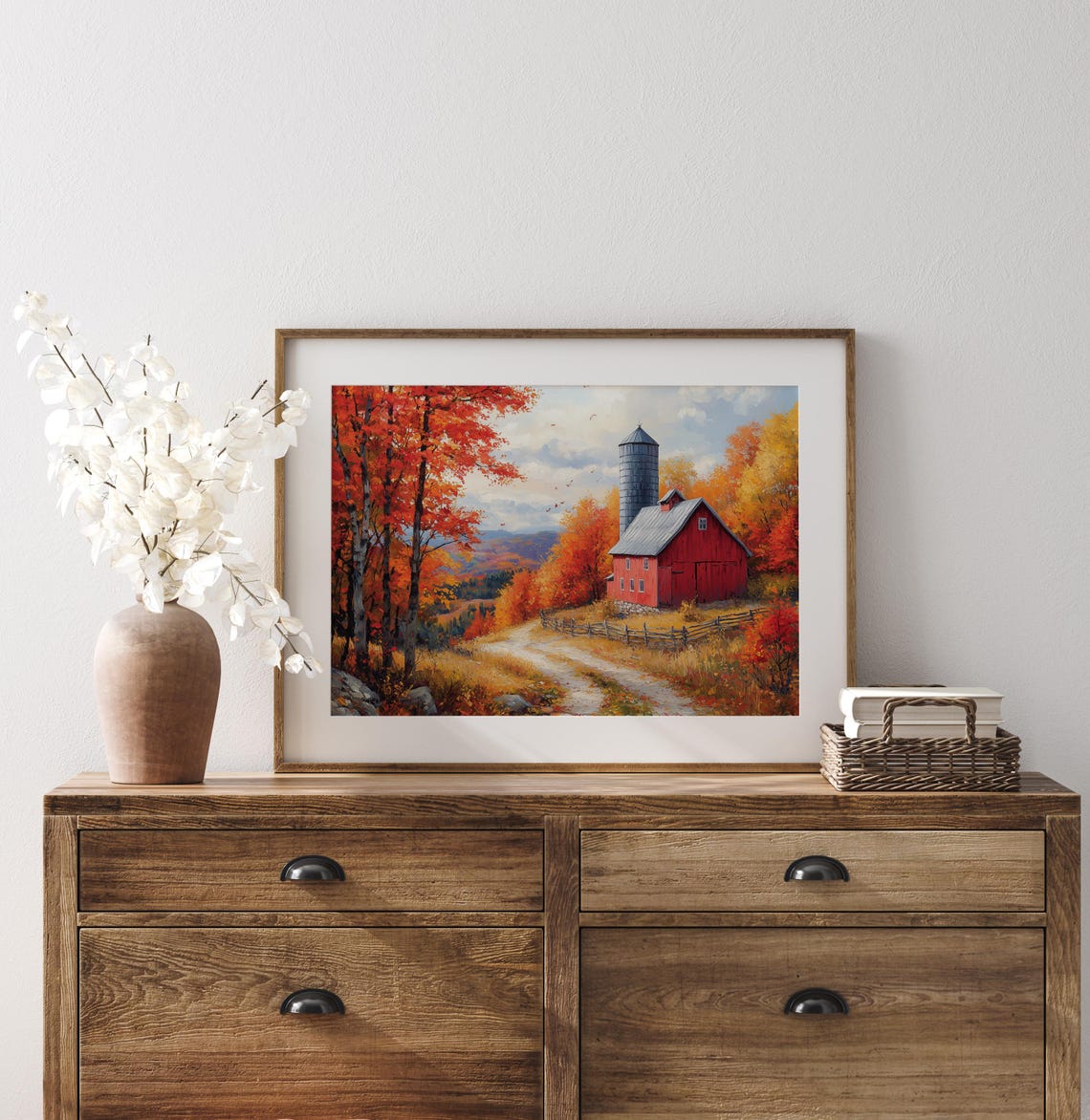 Red Barn Silo Autumn Valley Fall Farm Rustic Landscape Wall Art - Image 3
