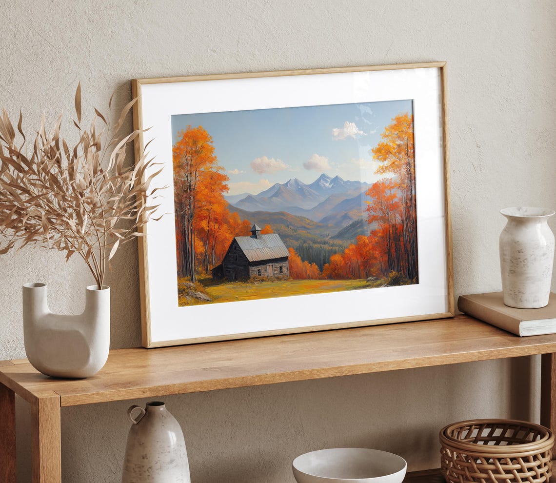 Rustic Barn With Cupola Autumn Trees Snowcapped Mountain Peaks Print - Image 4