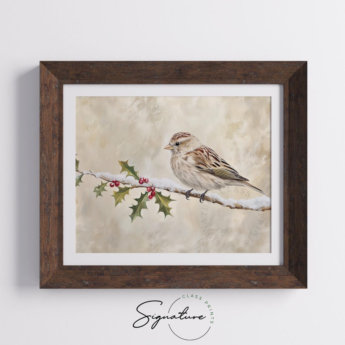 Crimson Redpoll On Snowy Birch Branch With Red Berries Winter Print - Image 4