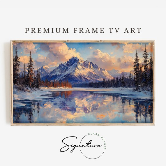 Majestic Snowy Mountain Range Sunset Mirror Lake Pink Clouds Alpenglow Poster