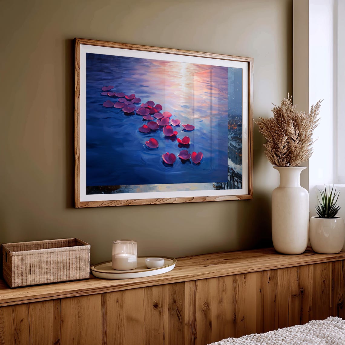 Red Rose Petals Floating on Blue Water Sunset Serene Art Poster - Image 4