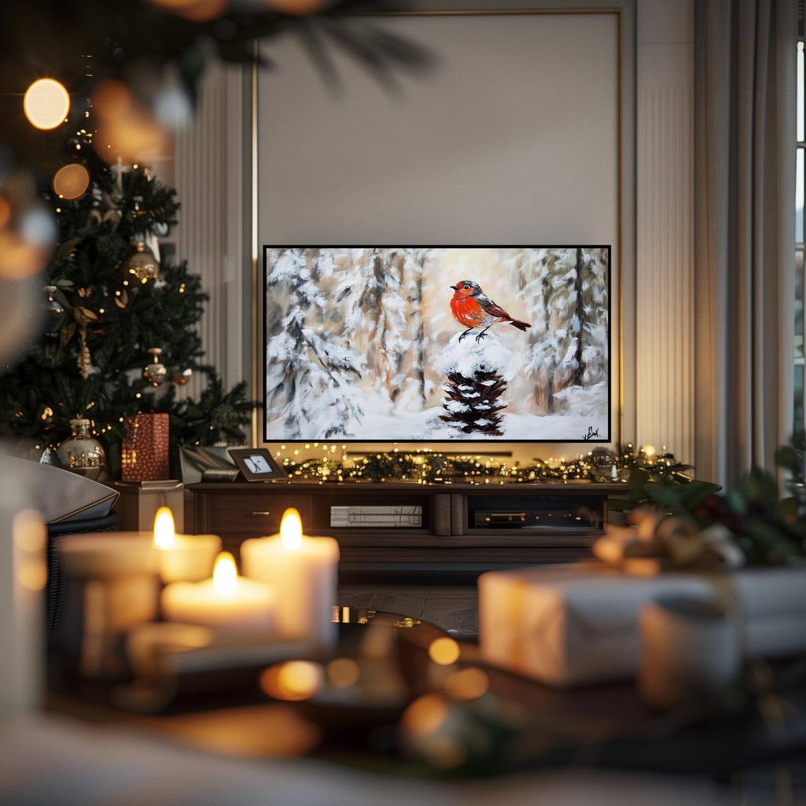 European Robin on Snowy Pinecone Golden Winter Forest Poster - Image 6