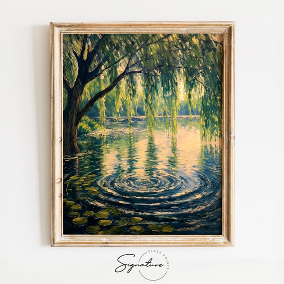 Peaceful Pond Art Willow Tree Over Water Nature Wall Decor Serene Landscape Painting Tranquil Scenic View Art 804