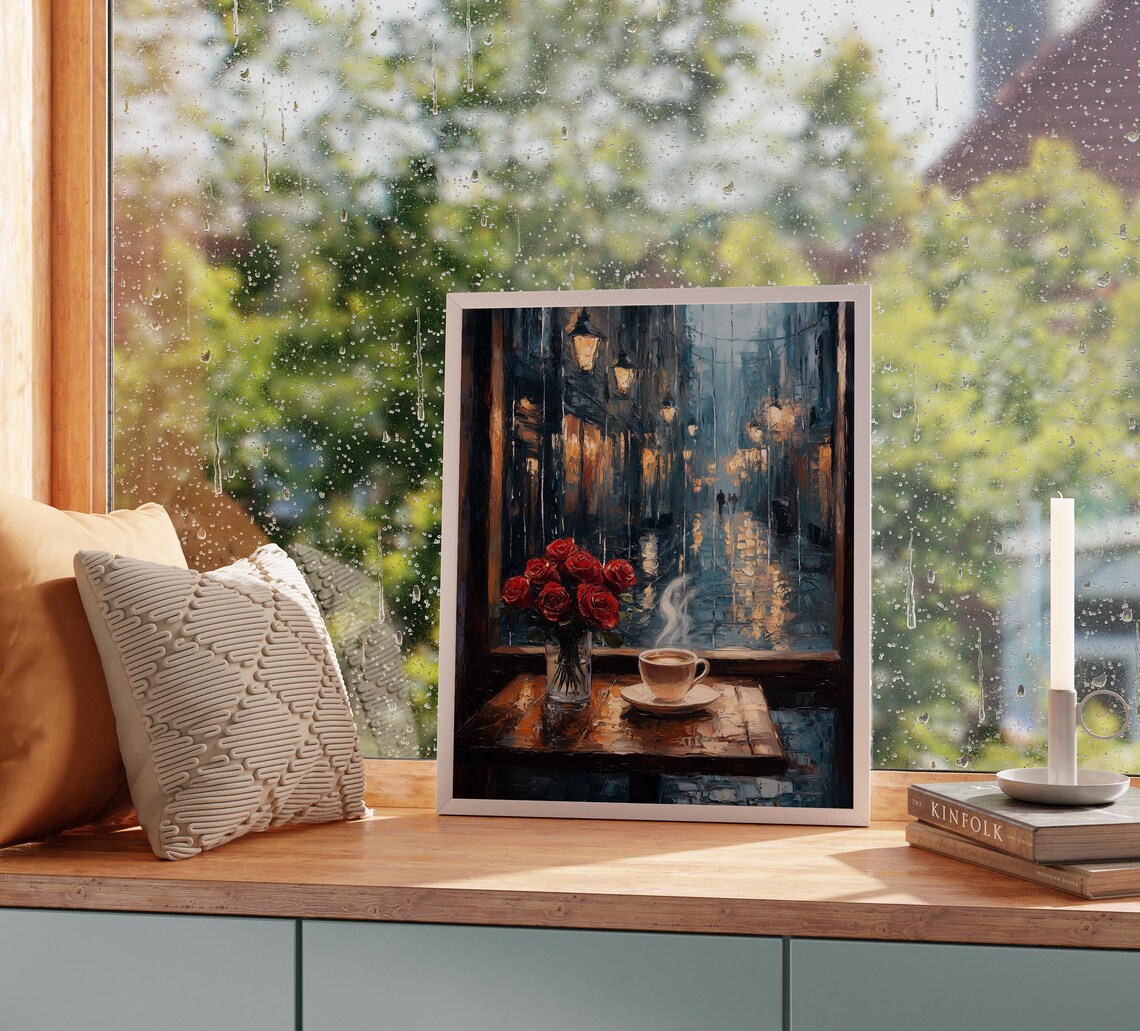 Moody Cafe Table With Roses, Rustic Romance Art Print - Image 3