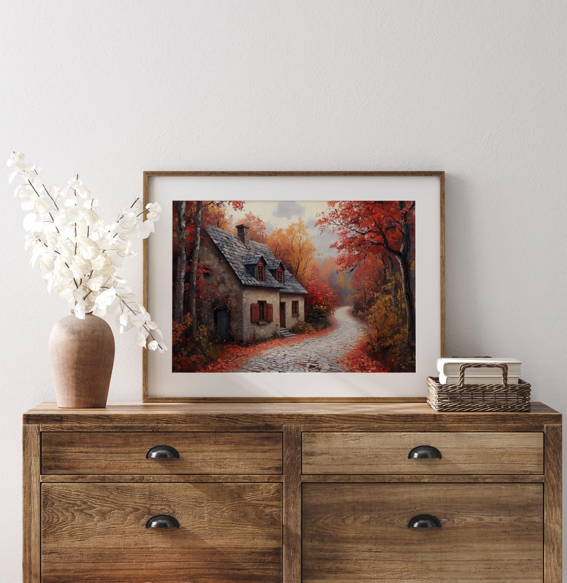 Stone Cottage With Red Shutters On Leaf Strewn Cobblestone Lane Poster - Image 3